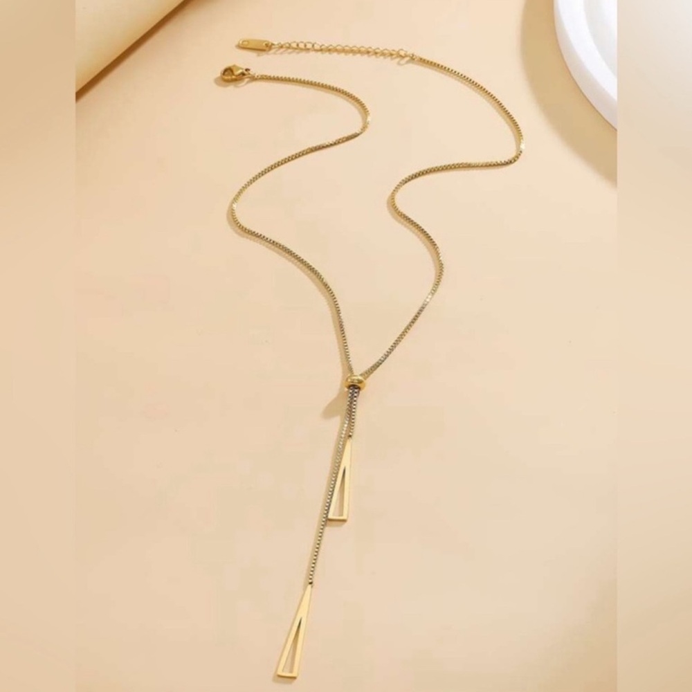 Gold Plated Stainless Steel Triangle Lariat Necklace – Adjustable Modern Pendant - Picture 2 of 2